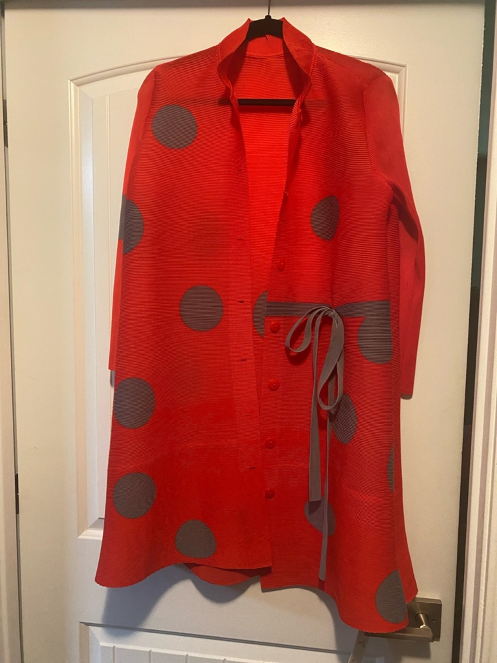 Red Polka-Dot Tie-Waist Cape Coat